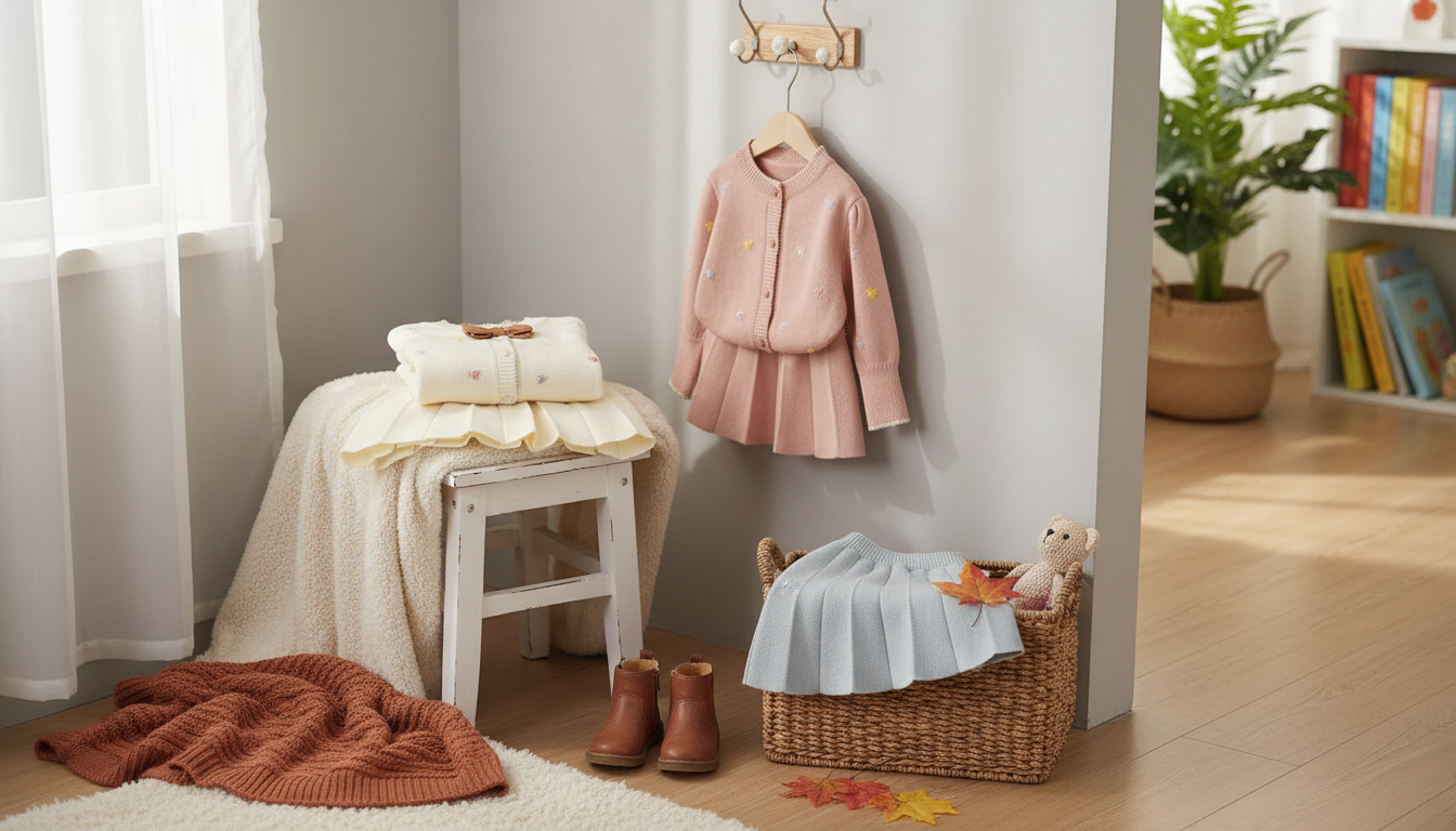 Girls Bow Knit Cardigan & Skirt Set for Cool Days